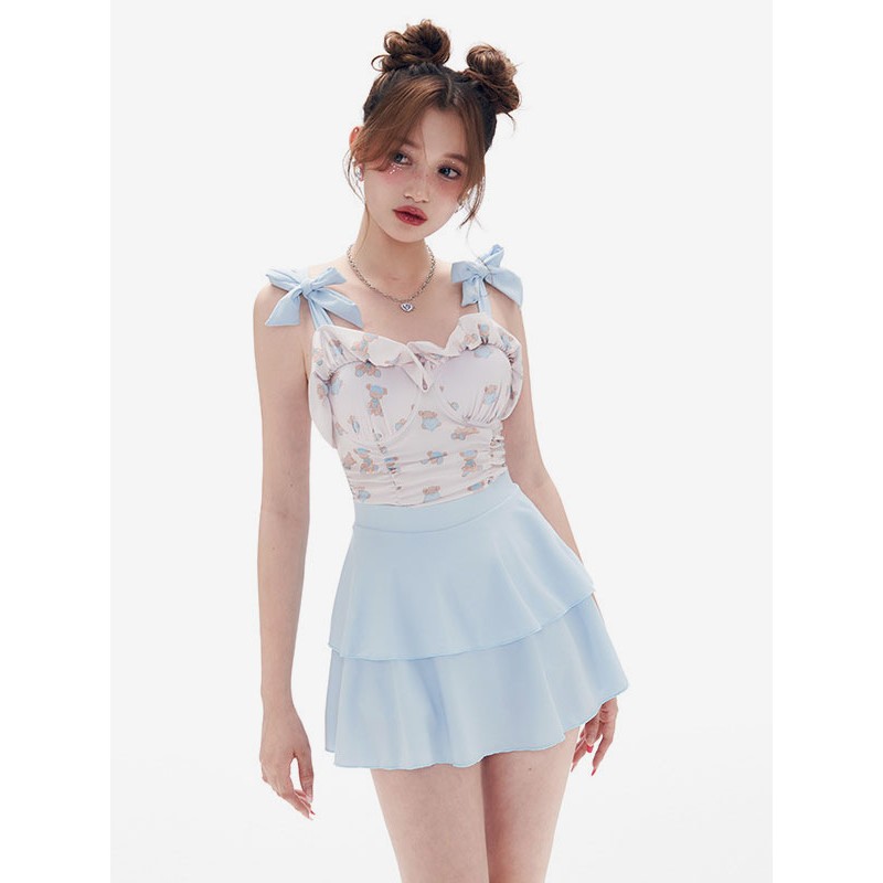 Lolita Swimsuit Light Sky Blue Ruffles Floral Print Sleeveless Skirt Jumpsuit Sweet