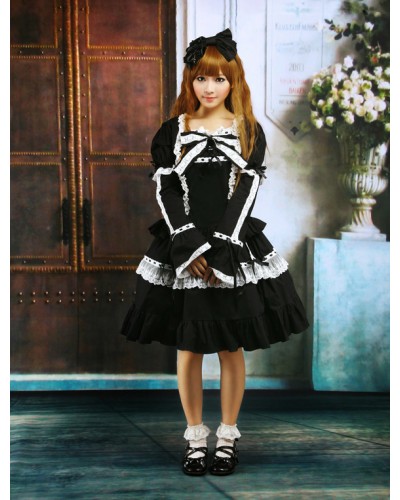 Cotton Black Lace Bow Lolita Dress Outfit