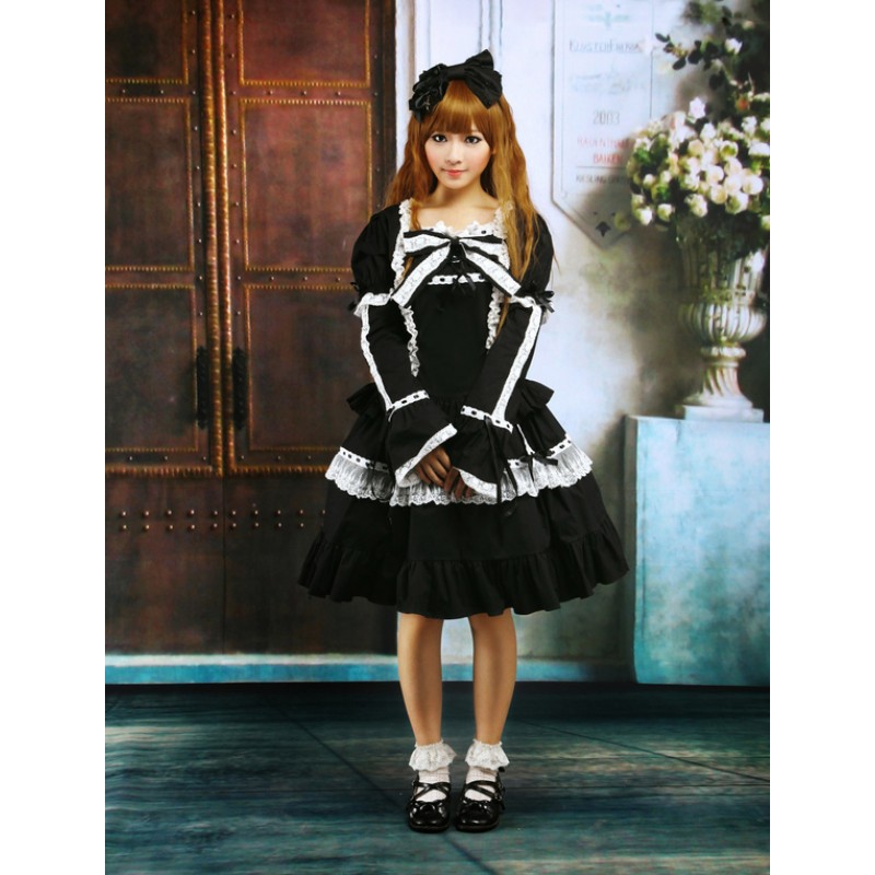 Cotton Black Lace Bow Lolita Dress Outfit