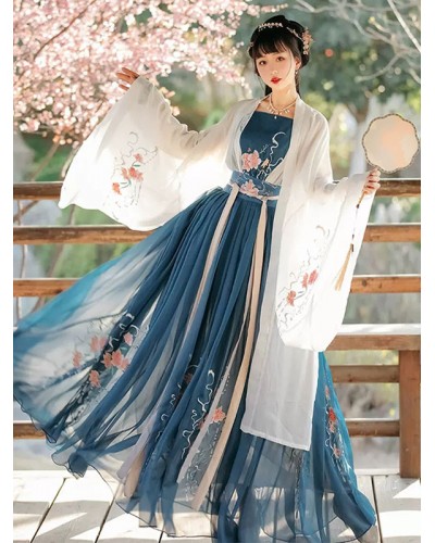 Lolita Outfits Blue Floral Print Long Sleeves Overcoat Top Skirt Lolita Wedding Dress Chinese Style