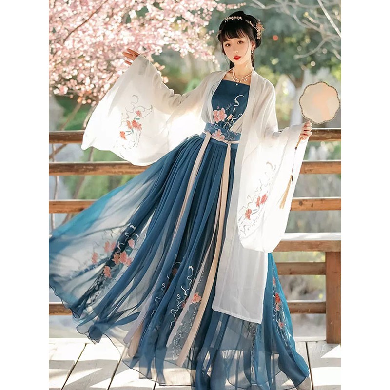 Lolita Outfits Blue Floral Print Long Sleeves Overcoat Top Skirt Lolita Wedding Dress Chinese Style