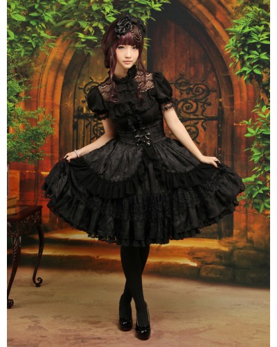 Lolita Outfit Black 2 Piece Set Lace Ruffle High Waist Skirt With Blouse Gothic