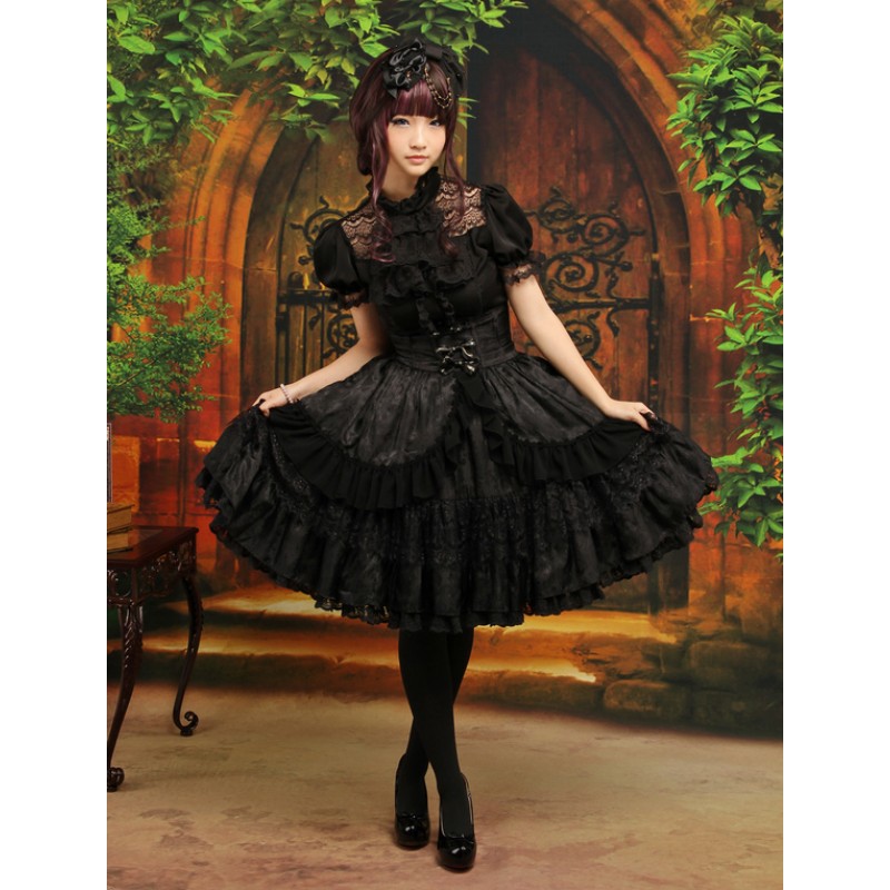 Lolita Outfit Black 2 Piece Set Lace Ruffle High Waist Skirt With Blouse Gothic