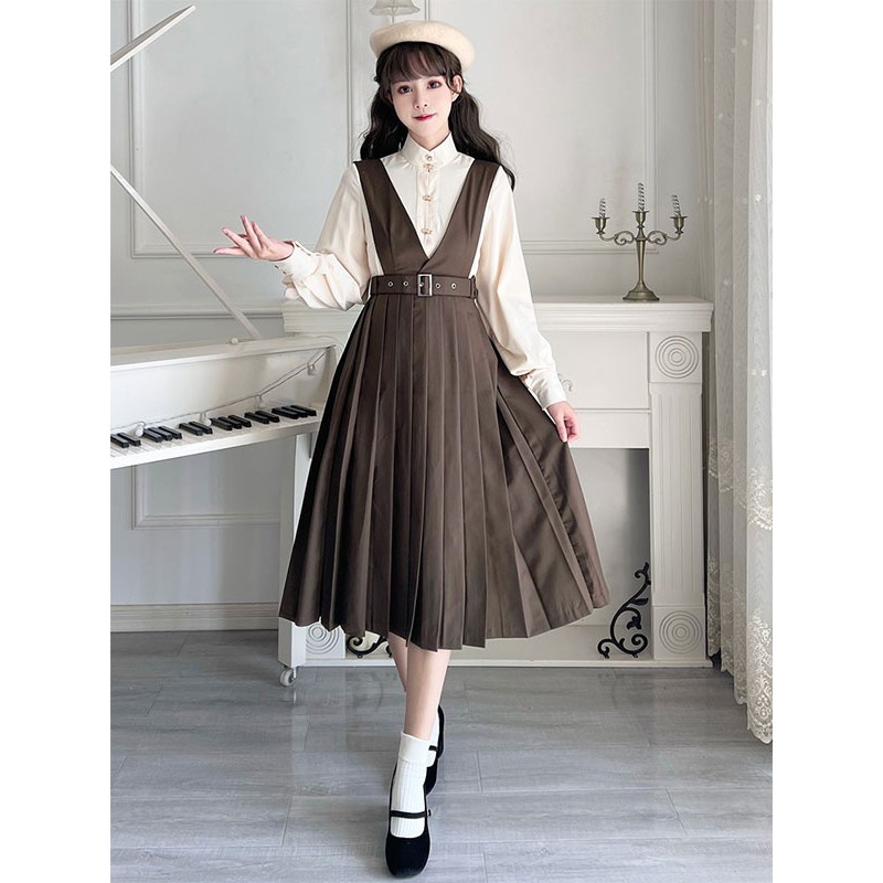 Lolita Outfits Coffee Brown Long Sleeves Skirt Blouse Sets Academic Daily Casual Tea Party