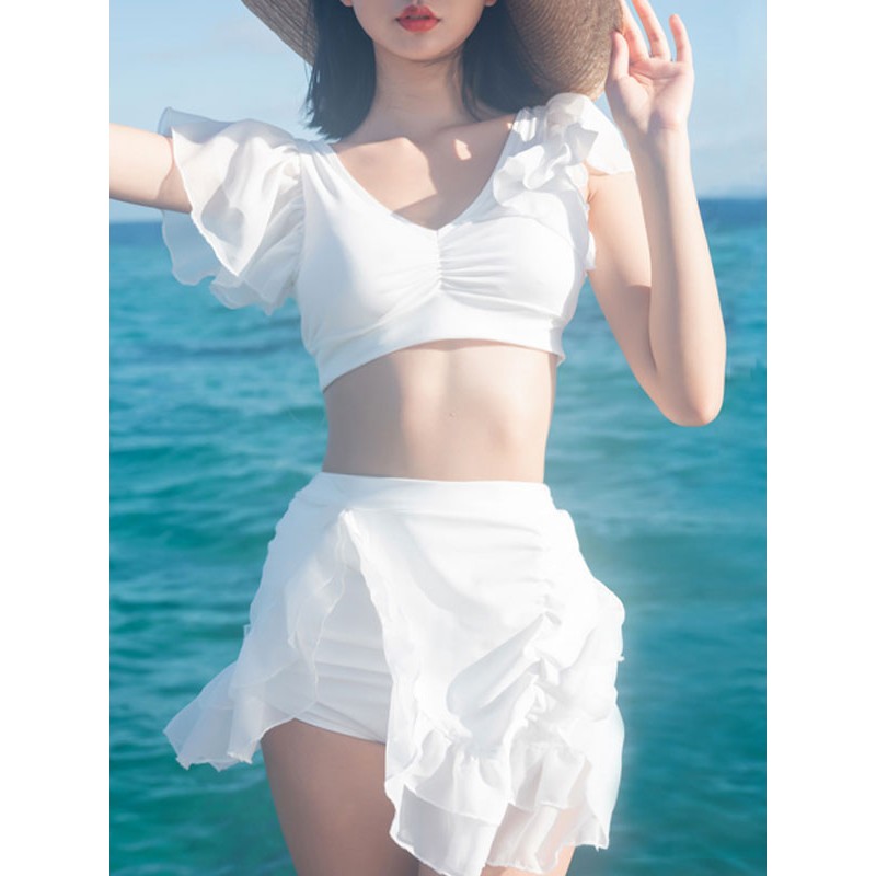 Sweet Lolita Swimming Outfits White Ruffles Short Sleeves Skirt Pants Top 3-Piece Set Sets Daily Casual