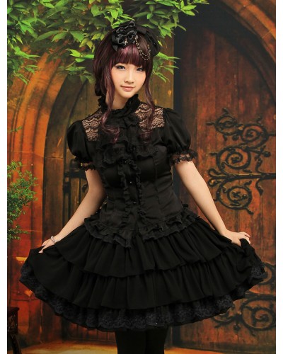 Gothic Black Layered Elastic Satin Chiffon Lolita Outfits