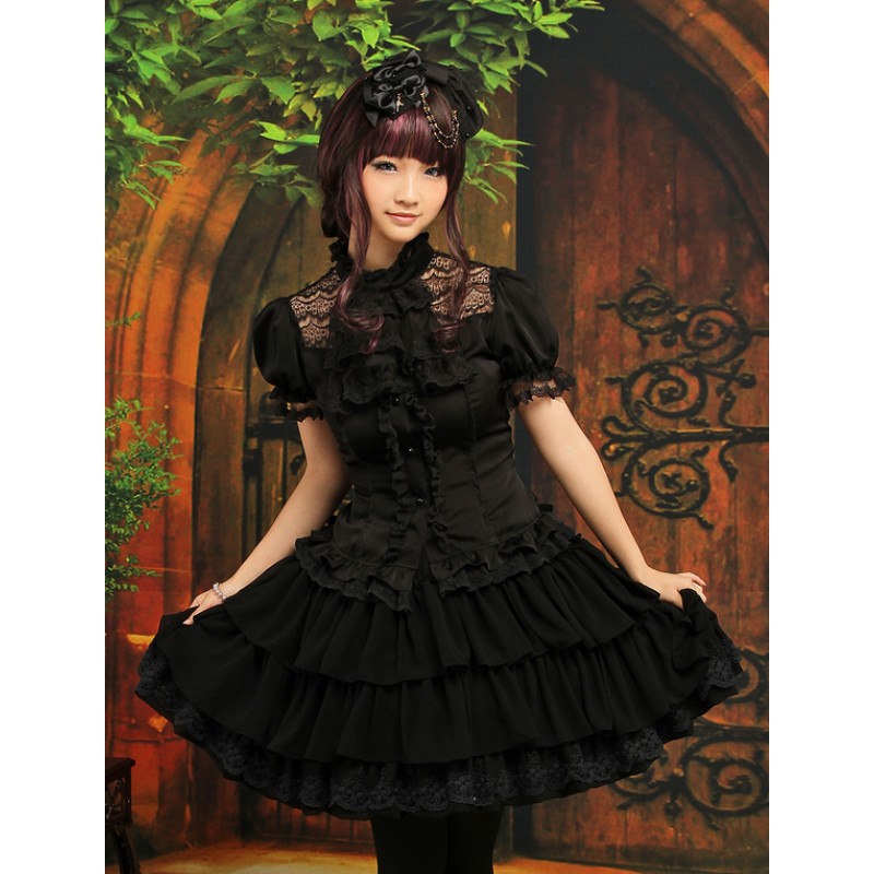 Gothic Black Layered Elastic Satin Chiffon Lolita Outfits