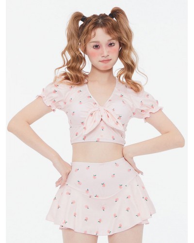 Lolita Outfits Pink Floral Print Short Sleeves Pants Top Sweet