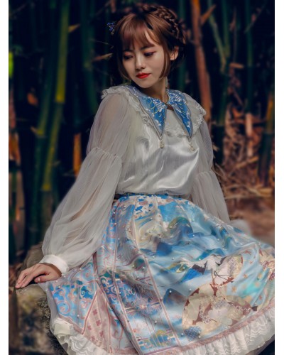 Chinese Style Lolita 5-Piece Set Light Sky Blue Skirt Choker Polyester Shirt Lolita Outfits