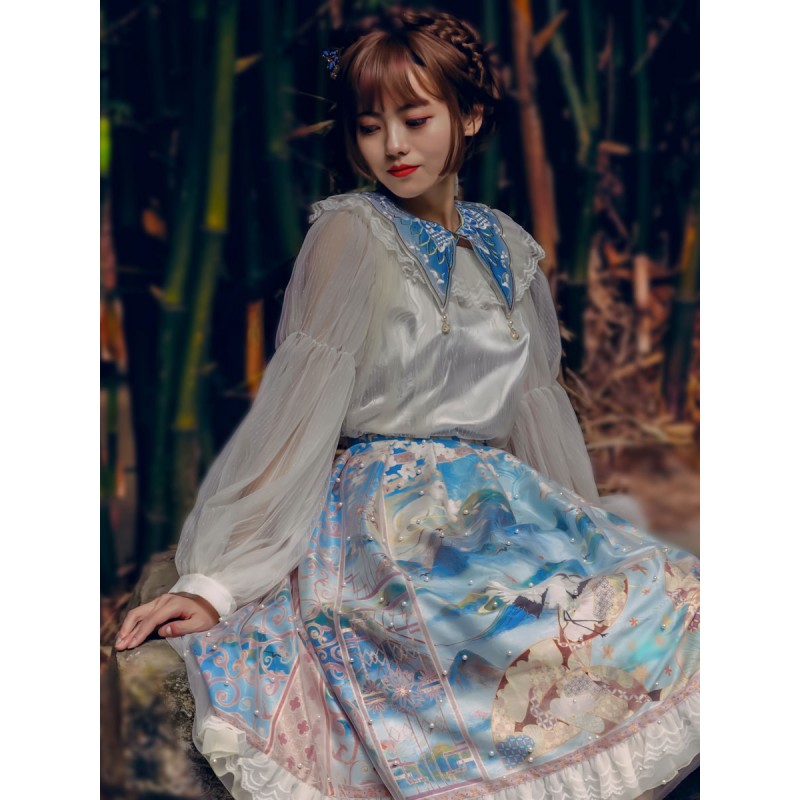 Chinese Style Lolita 5-Piece Set Light Sky Blue Skirt Choker Polyester Shirt Lolita Outfits