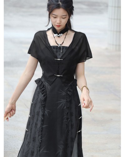 Chinese Style Lolita Outfits Black Sleeveless Overcoat Oversleeves Accessory Chinese Style