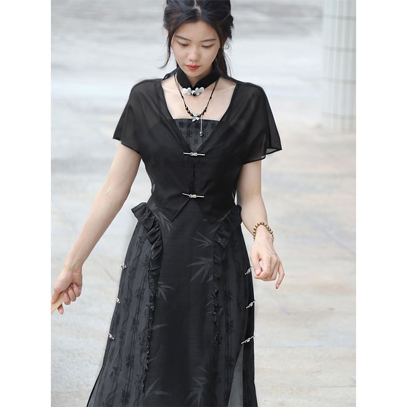 Chinese Style Lolita Outfits Black Sleeveless Overcoat Oversleeves Accessory Chinese Style