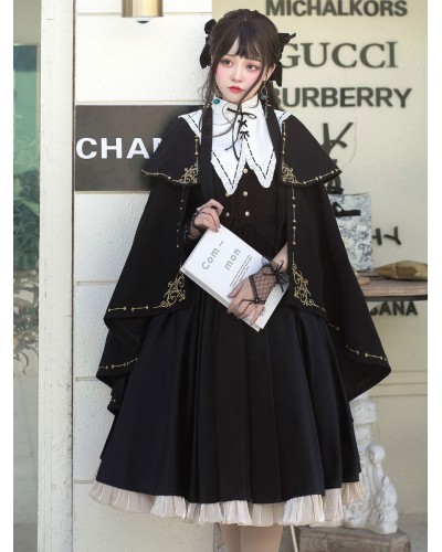 Lolita Poncho Cape Black Polyester Grommets Lace Up Fall Lolita Outwears Poncho  Cape Academic Daily Casual