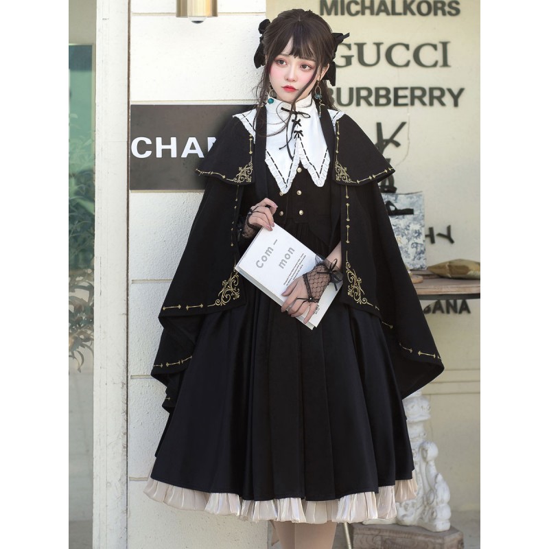 Lolita Poncho Cape Black Polyester Grommets Lace Up Fall Lolita Outwears Poncho  Cape Academic Daily Casual