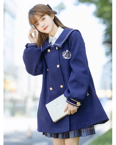 Lolita Coats Navy Style Blue Ruffles Lace Up Polyester Cape Dress Coat Lolita Outwears Navy Style Fall Winter