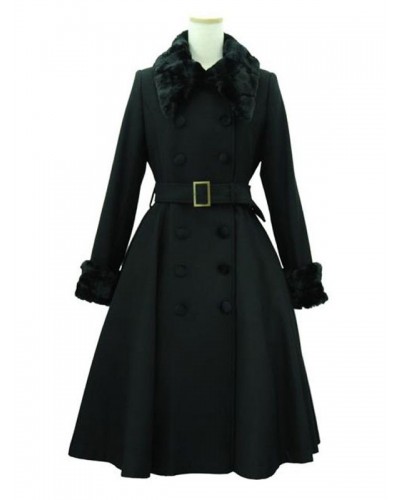 Classic Lolita Coats Black Coat Belted Furry Collar Overcoat Lolita Outwears Spring Fall Winter