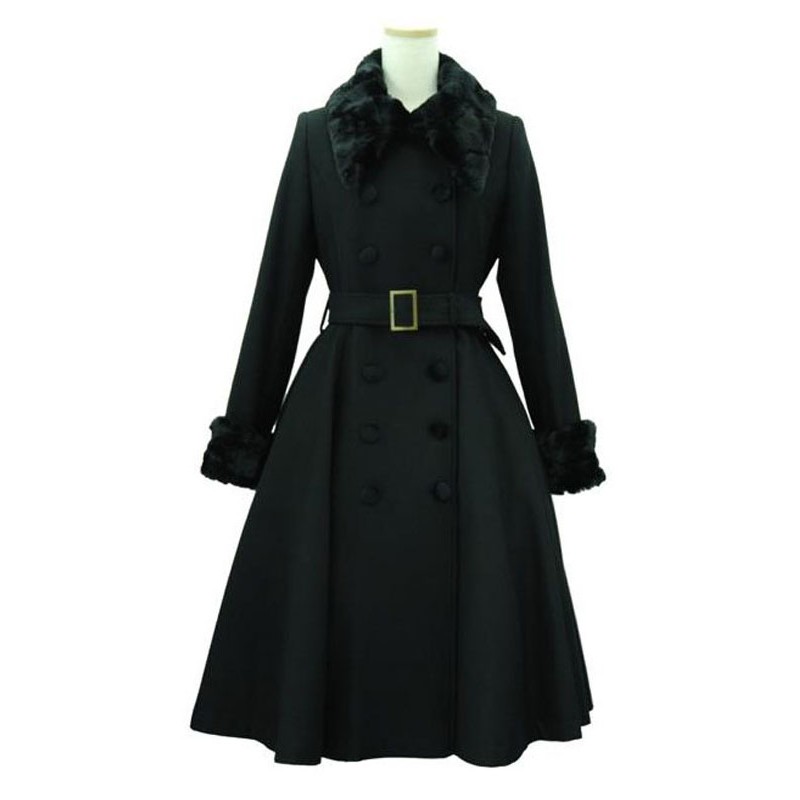 Classic Lolita Coats Black Coat Belted Furry Collar Overcoat Lolita Outwears Spring Fall Winter