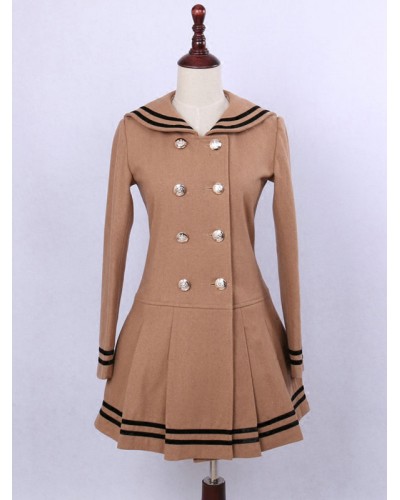 Lolita Overcoat Sailor Collar Long Sleeve Double Breasted Pleated Two Tone Light Brown Lolita Coat Tops Sweet Tea Party