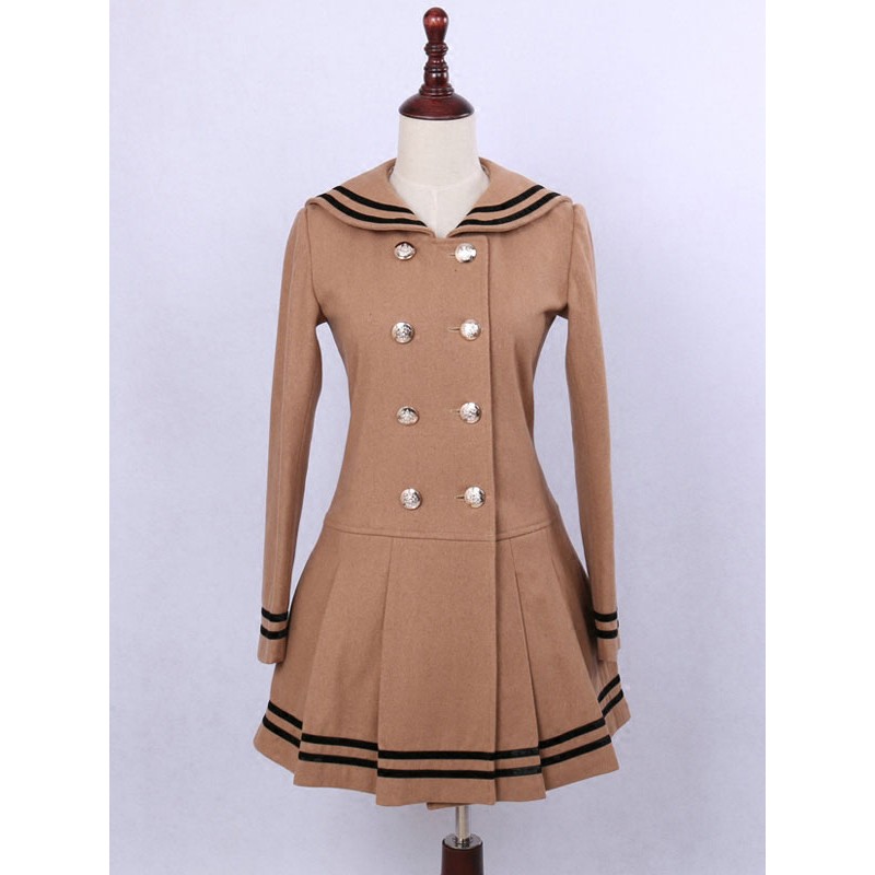 Lolita Overcoat Sailor Collar Long Sleeve Double Breasted Pleated Two Tone Light Brown Lolita Coat Tops Sweet Tea Party