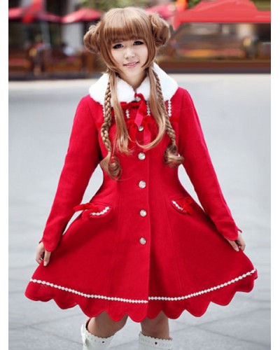 Red Lolita Coat Cashmere Flare Lolita Overcoat Fur Collar Long Sleeve Lace Up Winter Lolita Coat Sweet