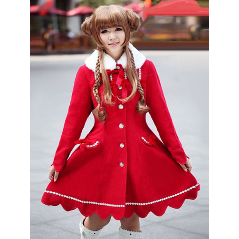 Red Lolita Coat Cashmere Flare Lolita Overcoat Fur Collar Long Sleeve Lace Up Winter Lolita Coat Sweet