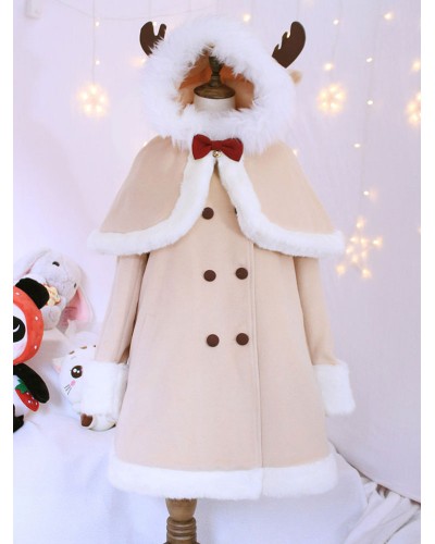 Sweet Lolita Outfits Wool Khaki Long Sleeve Bows Pea Coat With Cape Fall Winter