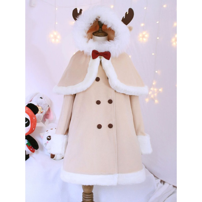 Sweet Lolita Outfits Wool Khaki Long Sleeve Bows Pea Coat With Cape Fall Winter