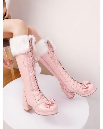 Classic Lolita Boots Knee High Chunky Heel Platform Square Toe Lace Up Pink Lolita Winter Boots