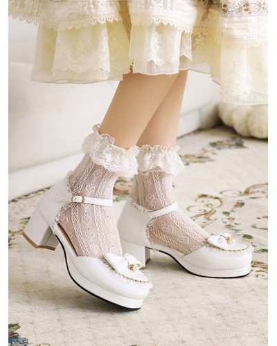 Sweet Lolita Sandals Round Toe Chunky Heel Bows PU Leather White Lolita Summer Ankle Strap Heels