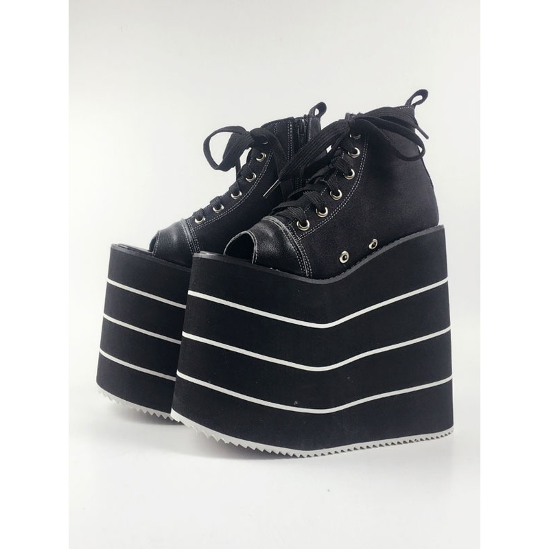 Black Lolita Open Toe Platform Geometric Heel Lace Up Canvas Lolita Shoes