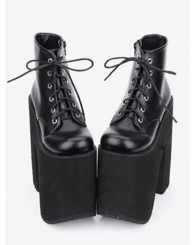 Black Lolita Booties Platform Chunky Heel Round Toe Lace Up Lolita Short Boots