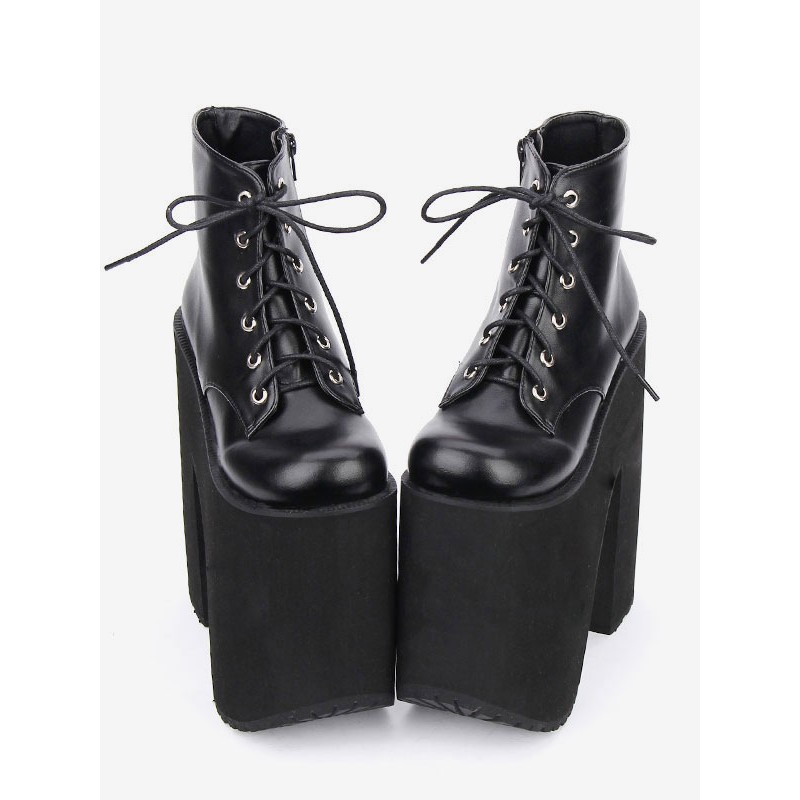 Black Lolita Booties Platform Chunky Heel Round Toe Lace Up Lolita Short Boots