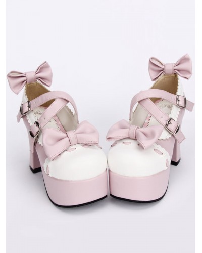 Pink Lolita Pony Heels Shoes Platform White Trim Bows Straps Buckles Lovely Halloween