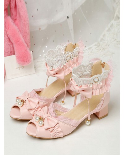 ROCOCO Style Lolita Sandals White Ruffles Pearls PU Leather Peep Toe Lolita Summer Shoes