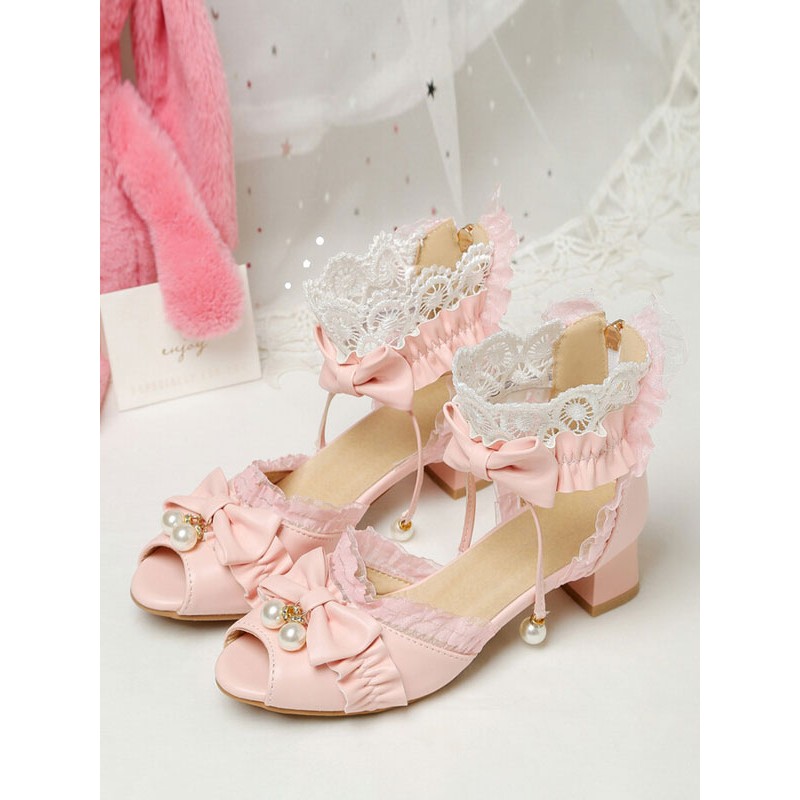 ROCOCO Style Lolita Sandals White Ruffles Pearls PU Leather Peep Toe Lolita Summer Shoes