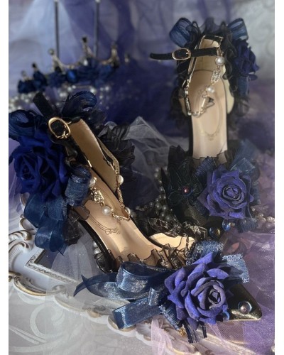 Lolita Wedding Dress Lolita Sandals Bows Flowers Pearls Pointed Toe Elastic Fabric Deep Blue Lolita Summer Shoes