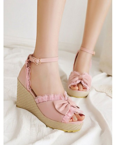 Sweet Lolita Sandals Bows Round Toe Wedge Lolita Summer Shoes Daily Casual