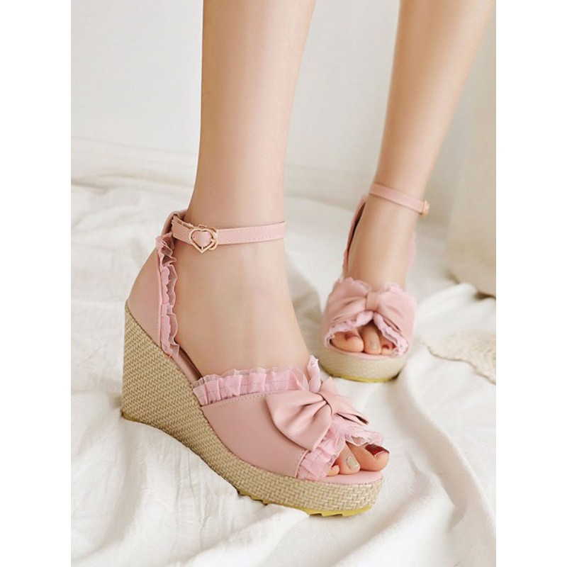 Sweet Lolita Sandals Bows Round Toe Wedge Lolita Summer Shoes Daily Casual