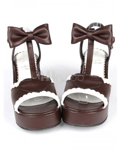 PU Leather Brown Mid Heel Round Toe Lolita Sandals