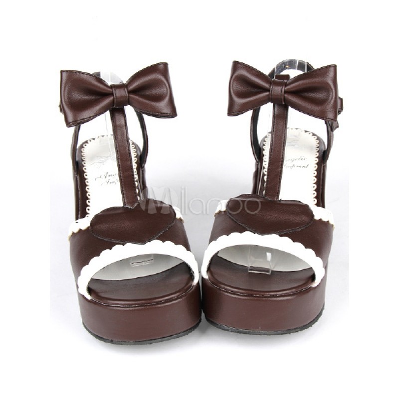 PU Leather Brown Mid Heel Round Toe Lolita Sandals