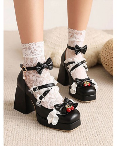 Lolita Footwear Black Bows PU Leather Chunky Heel Lolita Pumps Sweet Daily Casual