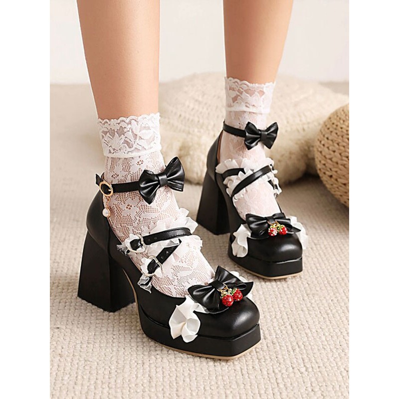 Lolita Footwear Black Bows PU Leather Chunky Heel Lolita Pumps Sweet Daily Casual