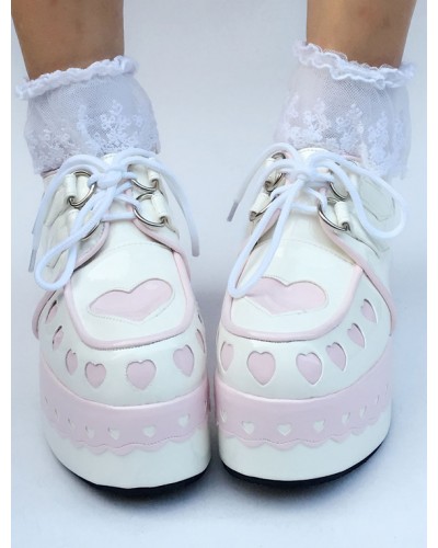 Sweet Lolita Shoes Platform Wedge Lace Up Heart Round Toe Lolita Footwear