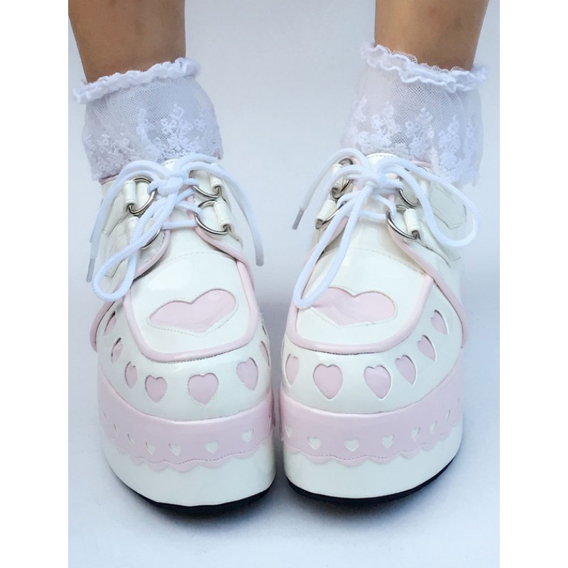 Sweet Lolita Shoes Platform Wedge Lace Up Heart Round Toe Lolita Footwear