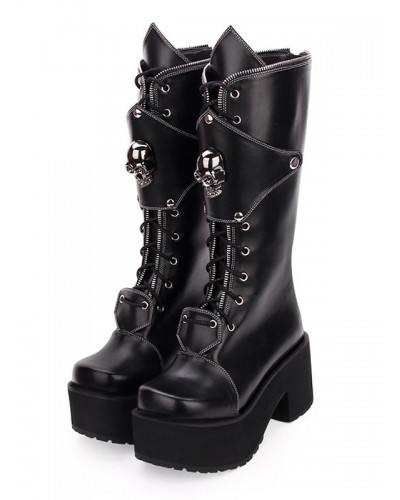 Gothic Lolita Boots Skull Lace Up Platform Chunky Heel Black Lolita Shoes Punk