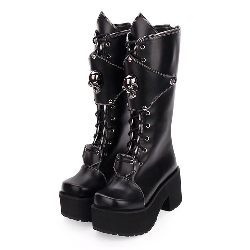 Gothic Lolita Boots Skull Lace Up Platform Chunky Heel Black Lolita Shoes Punk