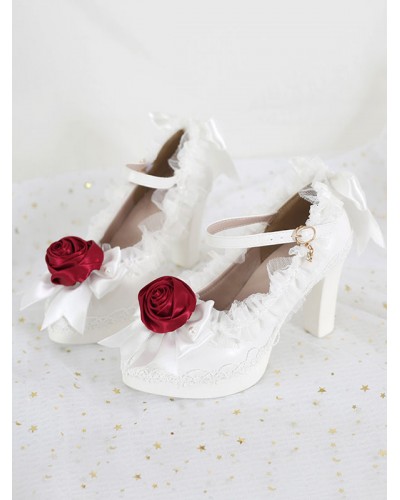 Lolita Footwear White Ruffles Bows Rose Lace Chunky Heel Lolita Pumps Shoes Sweet ROCOCO