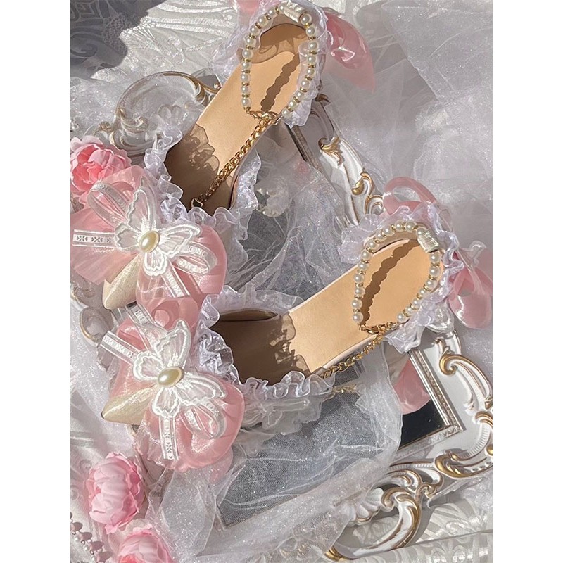 Sweet Lolita Sandals Ruffles Bows Pearls Pointed Toe Elastic Fabric Purple Lolita Summer Shoes