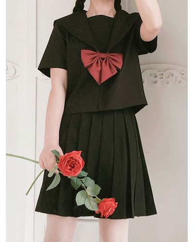 Sailor Style Lolita Set Black Bowknot Cotton Lolita Top With Pleated Skirt