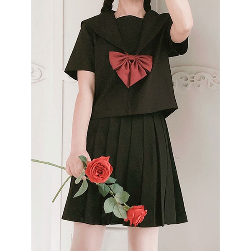 Sailor Style Lolita Set Black Bowknot Cotton Lolita Top With Pleated Skirt